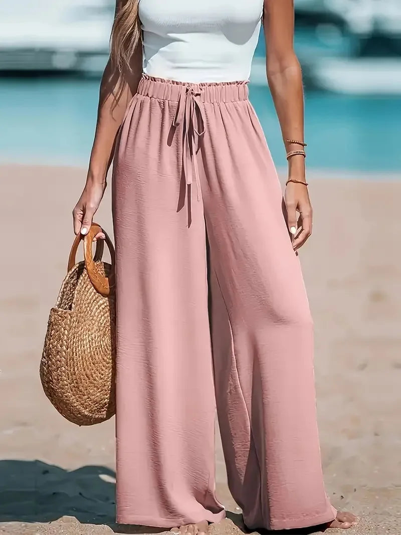 Vacation Style Wide Leg Pants Women's High Waist Elastic Drawstring Design Loose Dipping Straight Casual Beach Pants