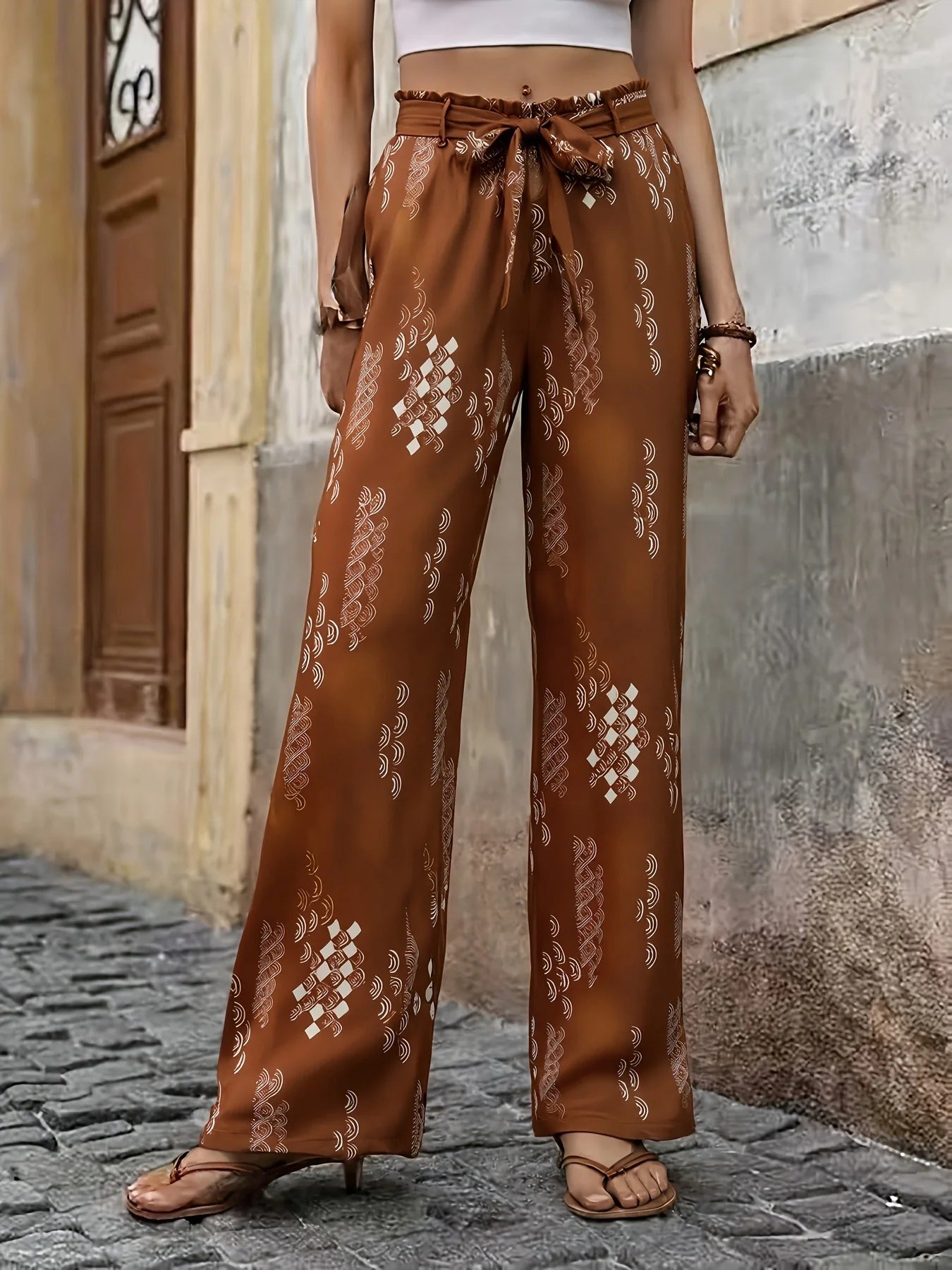 Vintage Caramel Print Wide-Leg Pants, High-Waist Drawstring Straight-Leg Pants, Relaxed Vacation Trousers