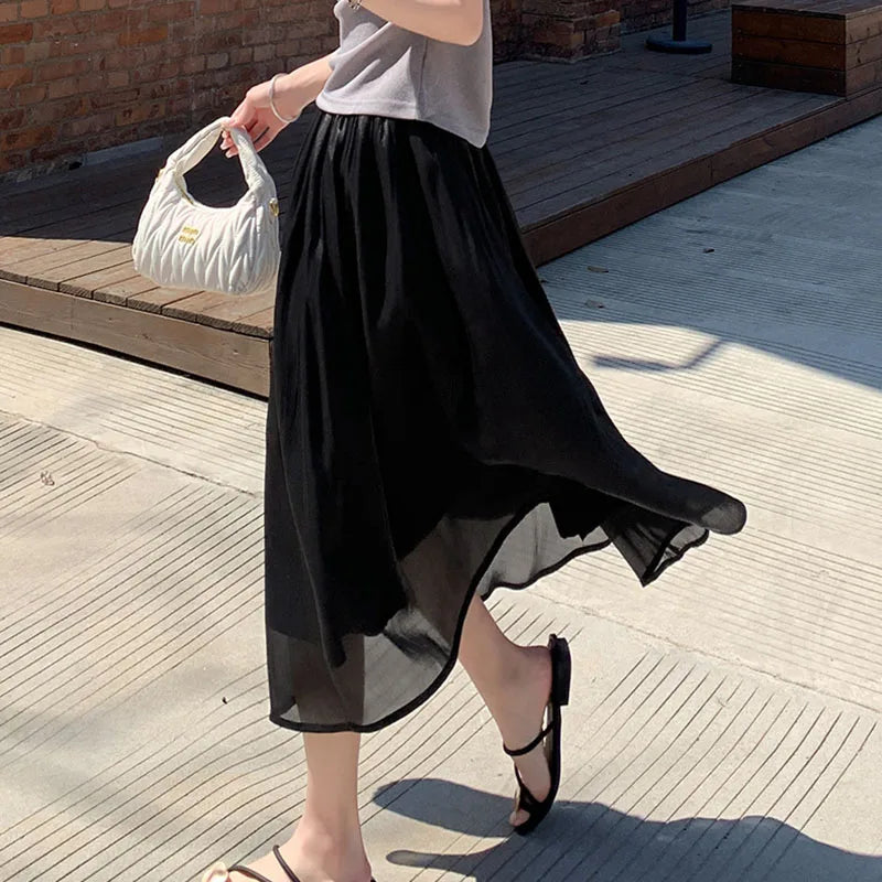 Korean Fashion Women Chiffon Skirt Summer High Waist Loose Ankle-Length Skirt Female Casual All Match A Line Skirts New