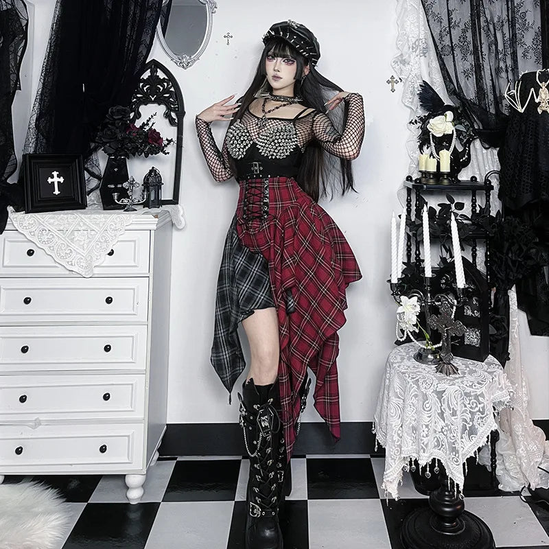 Gothic Patchwork Irregular Kpop Dance Casual Plaid Print Skirt Streetwear 2026 Harajuku Hip Hop Grunge Aesthetic Emo Punk Skirts
