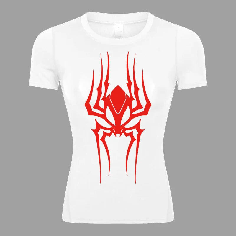 Spider Print Short Sleeve Compression Shirt for Women Athletic Running Workout Yoga T-Shirt Tees Baselayer Tops Gym Sports Gear