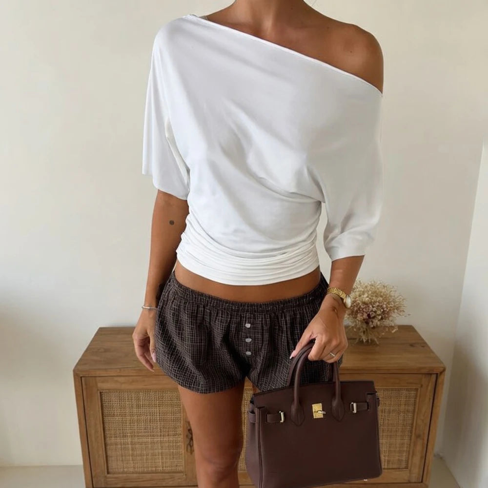 Talenza Summer One Shoulder Tops Fashion Slim Shrink Short Sleeve T-Shirts Sexy Party Y2k Streetwear Solid Pullover Tops Women