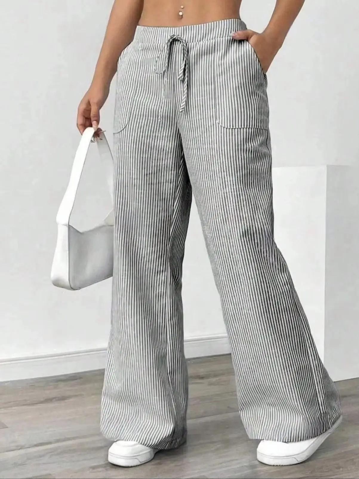 Summer new striped drawstring wide leg pants for women, high waisted, loose fit, slimming, casual straight leg, hanging pants