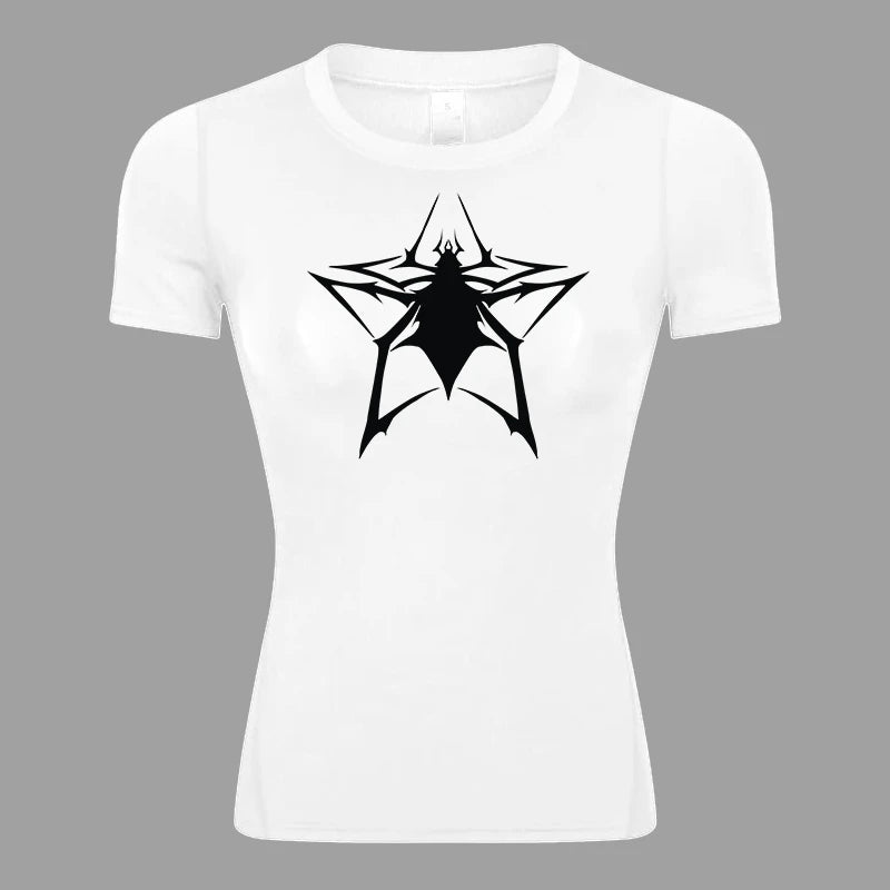 Spider Print Short Sleeve Compression Shirt for Women Athletic Running Workout Yoga T-Shirt Tees Baselayer Tops Gym Sports Gear