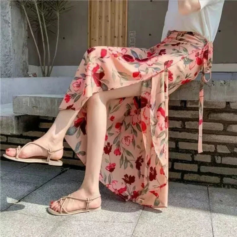One Piece Split Print Lace Wrap Y2K Skirt Holiday Women High Waist Bodycon Skirt Irregular Beach Skirt