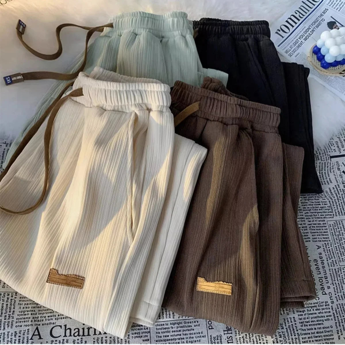 Women's Straight Pants Pleated Elastic Waist Drawstring Pocket Retro High Waisted sports Clothes Ladies' Loose Commuting Trouser