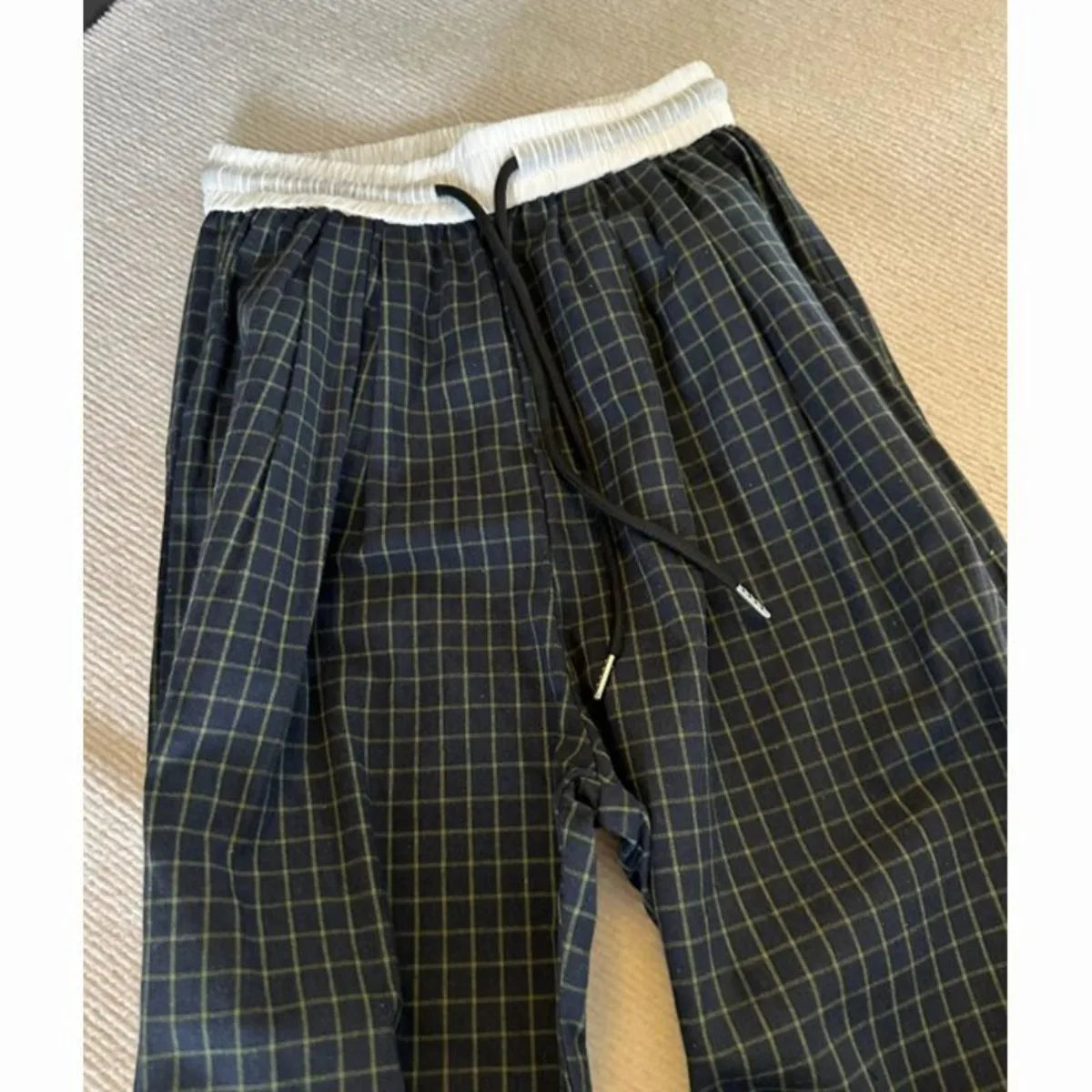 Summer Black Checkered Loose Wide Leg Summer Casual and Stylish Pants for Women Elastic Waistband Drawstring Straight Leg Pants