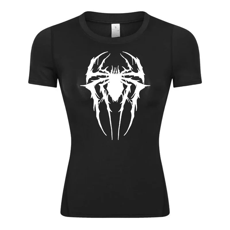 Spider Print Short Sleeve Compression Shirt for Women Athletic Running Workout Yoga T-Shirt Tees Baselayer Tops Gym Sports Gear