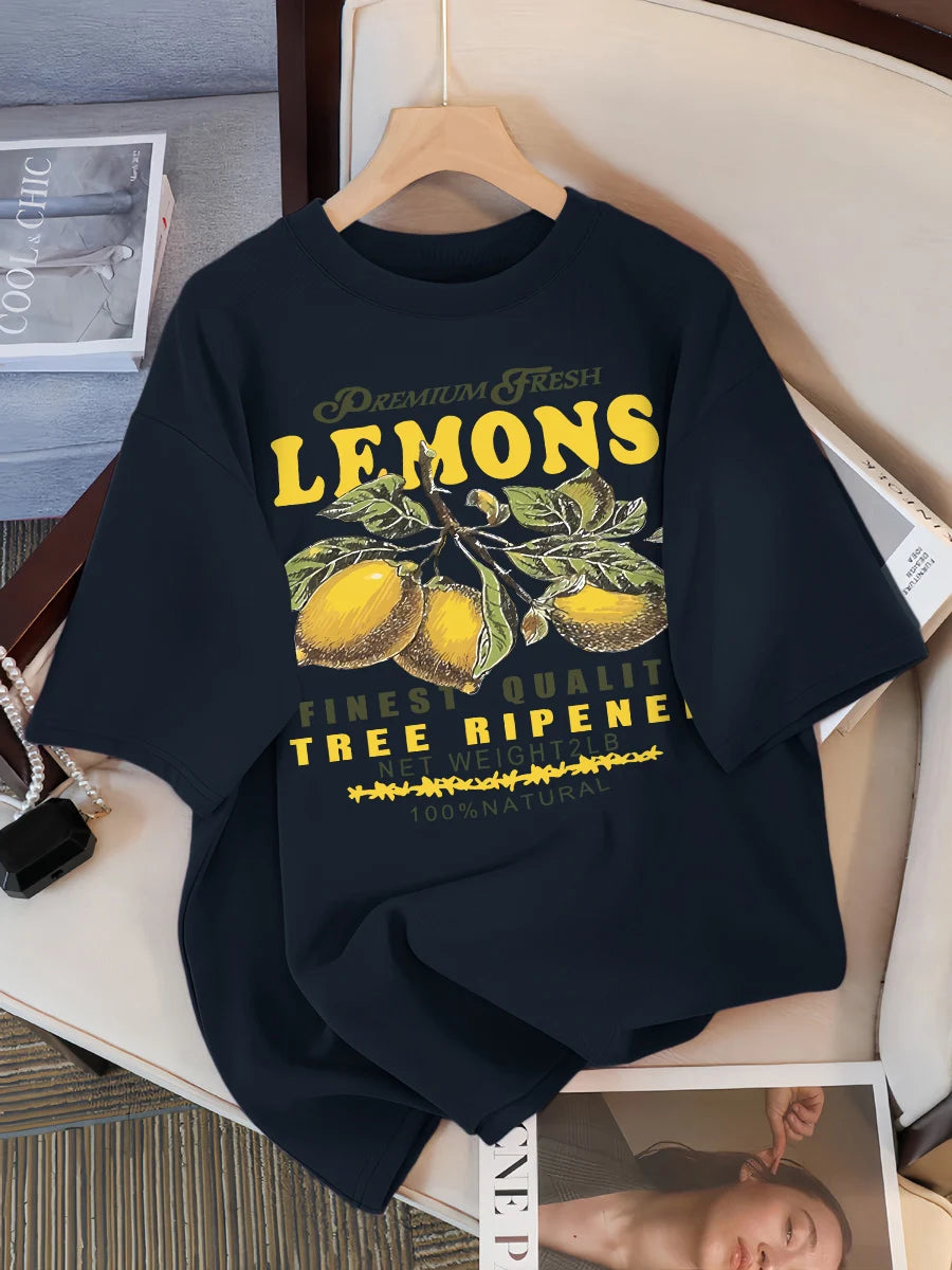 Lemons Fruits Premium Fresh Printing T Shirt Woman Loose Cotton Sportswear O-Neck Casual T Shirts Loose All-Match Short Sleeve