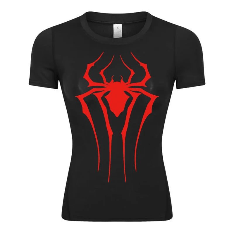 Spider Print Short Sleeve Compression Shirt for Women Athletic Running Workout Yoga T-Shirt Tees Baselayer Tops Gym Sports Gear