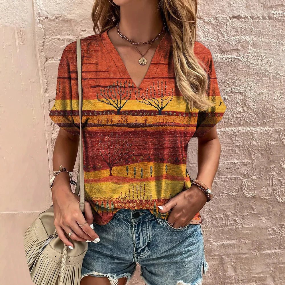 3D Vintage Graphic Women's V-Neck T-Shirt Summer Outdoor Street Daily Harajuku Style Y2K Short Sleeve Tees Fashion Loose Clothes