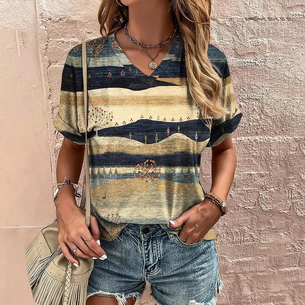 3D Vintage Graphic Women's V-Neck T-Shirt Summer Outdoor Street Daily Harajuku Style Y2K Short Sleeve Tees Fashion Loose Clothes