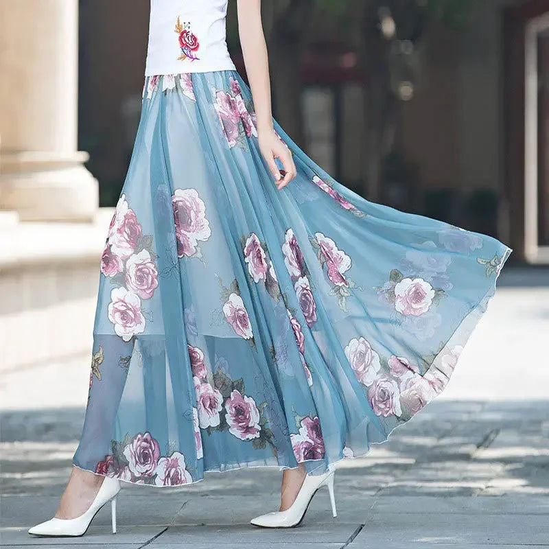 Womens Summer Autumn High Waist Skirts Elastic Waist Midi Full Long Skirt Print A-Line Mother Dance Swing Chiffon Skirt DURIKIES