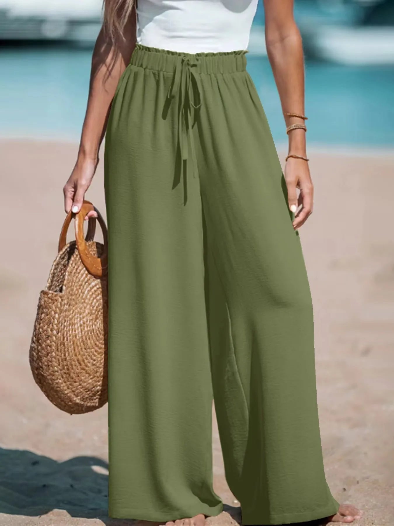 Vacation Style Wide Leg Pants Women's High Waist Elastic Drawstring Design Loose Dipping Straight Casual Beach Pants