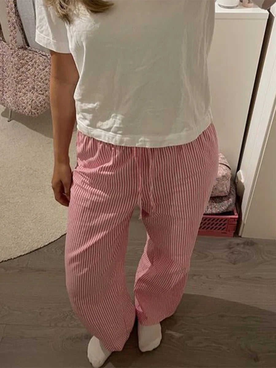 Women's Casual Striped Print Pants Drawstring Elastic Waist Loose Straight Pants with Pockets Sleep Bottoms Korean Home Wears