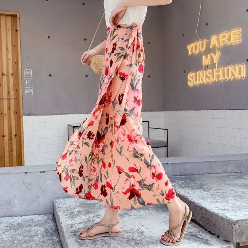 Fashion Chiffon Women Floral Print Skirt Side Tie One Piece Beach Skirts Summer High Waist Wrap Flower Long Skirt With Slit 2026