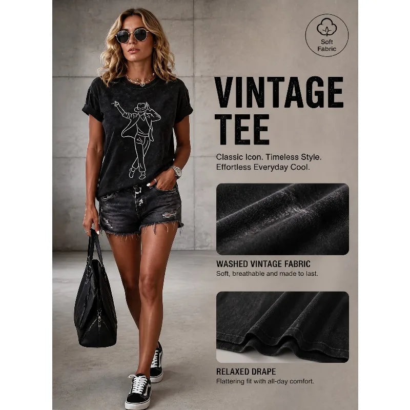 ilstile Women's King of Music Print T-Shirts Summer Short Sleeve Casual Round Neck Tops  Retro Fan Favorite Tees NEW