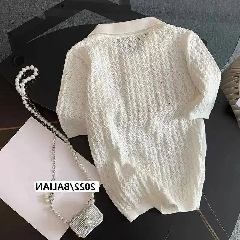 FANAN Ice Silk Polo Shirt Knitted Short Sleeve T-Shirts Lady New Chic Thin Unique Jacquard Women Tops 2025 Korean Style Clothing