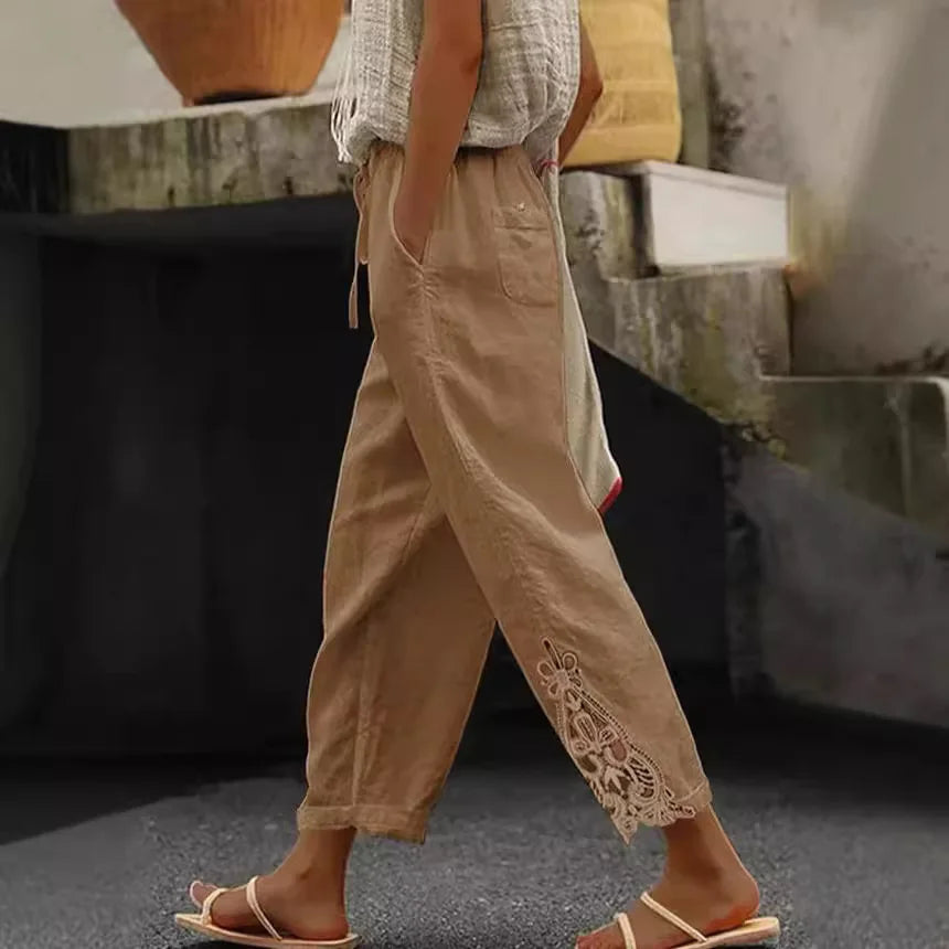 Summer Women's Pants With Fashionable Lace Patchwork Design High Waisted Drawstring Pocket Nail Buckle Cropped Pants