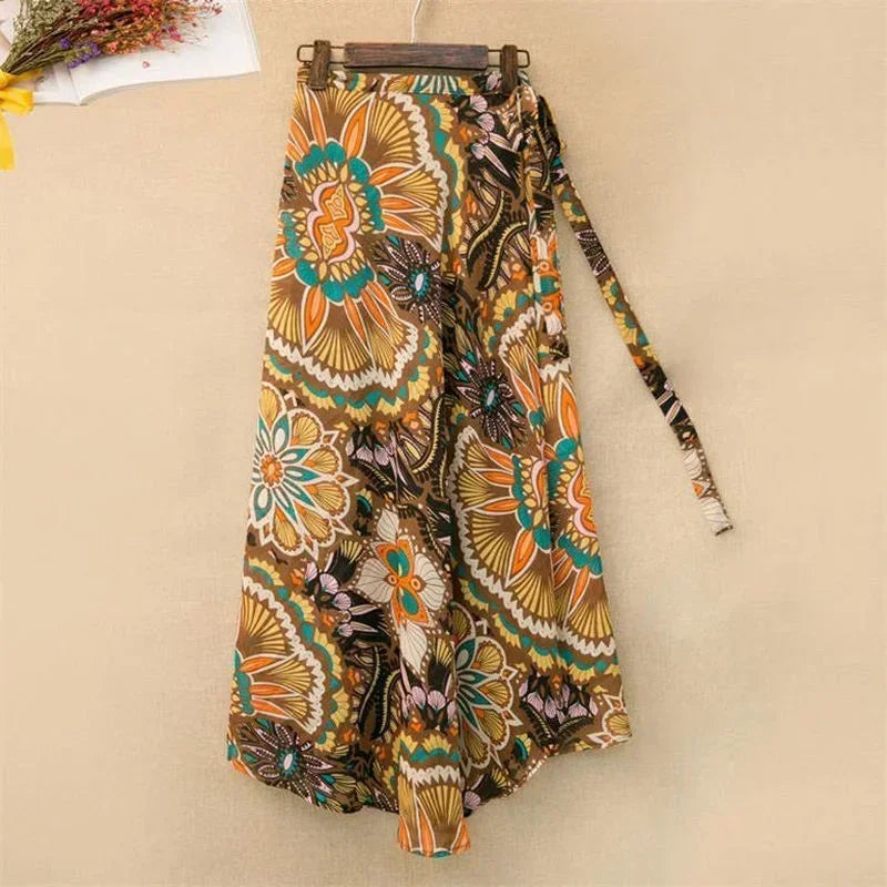 One Piece Split Print Lace Wrap Y2K Skirt Holiday Women High Waist Bodycon Skirt Irregular Beach Skirt