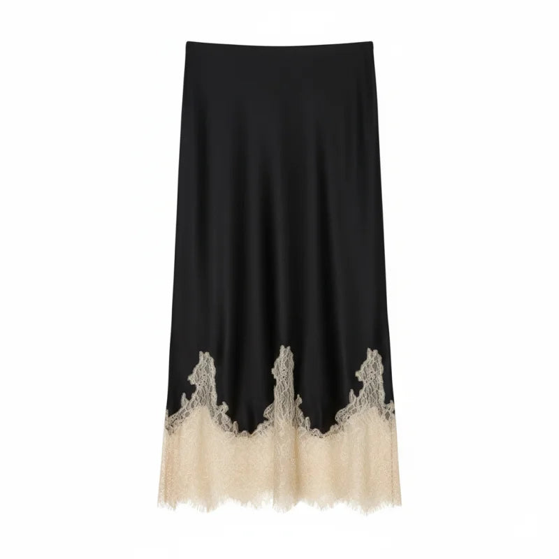 HH Women Elegant Fashion Patchwork Lace Hem Skirt Side Zipper High Waist Slim Midi Skirts 2026 Spring Summer Trend Lady Skirt