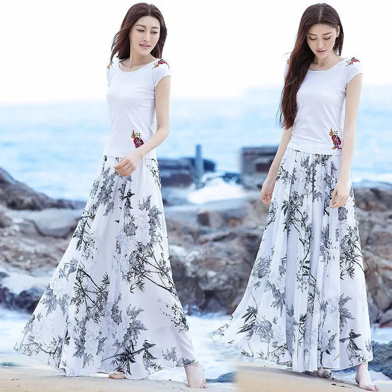 High Waist Skirts Womens Summer 2026 spring Elastic Waist Midi Full Long Skirt Print Mother Dance Skirts Swing Chiffon Skirt