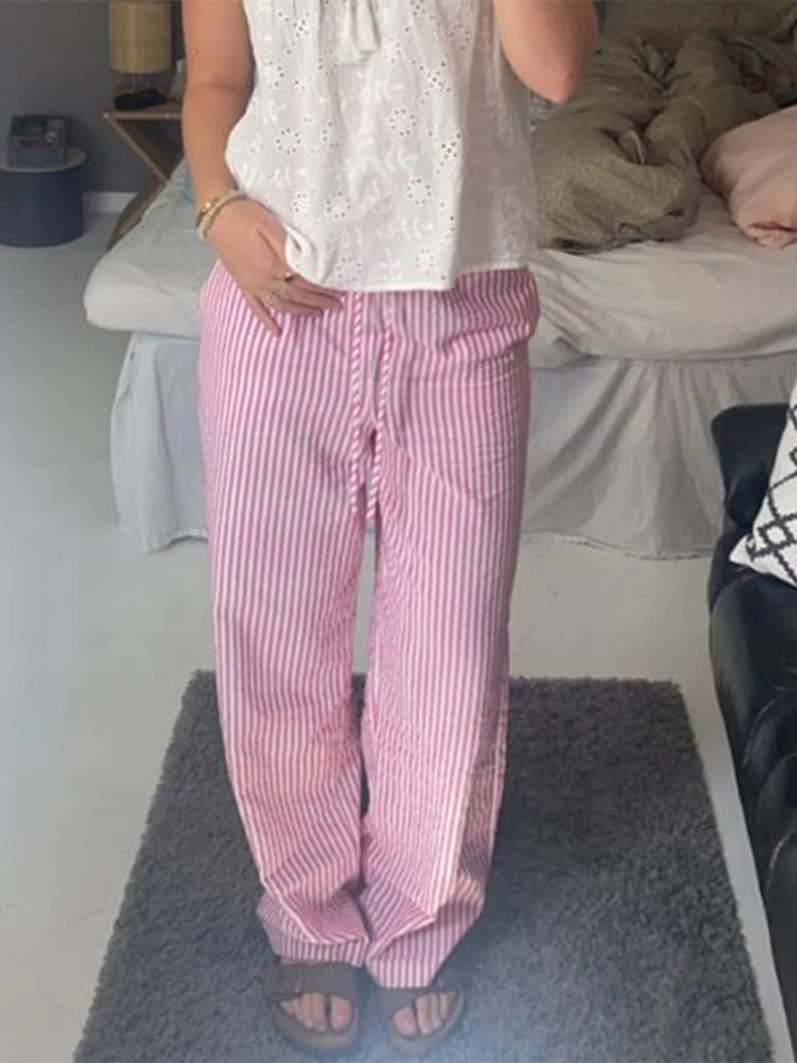 Women's Casual Striped Print Pants Drawstring Elastic Waist Loose Straight Pants with Pockets Sleep Bottoms Korean Home Wears