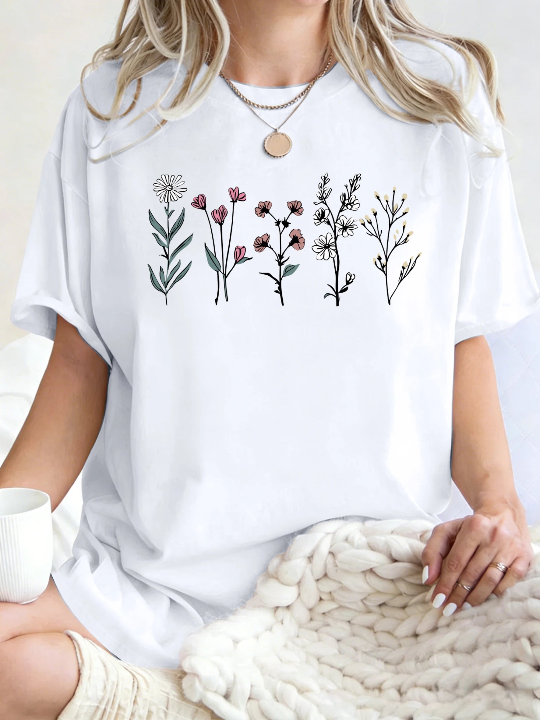 All Kinds Of Beautiful Flowers Printed T-Shirt Women Cotton Loose T Shirts All-Match Summer Clothing Comfortable Y2K Streetwear