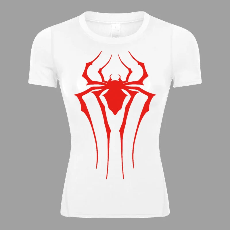Spider Print Short Sleeve Compression Shirt for Women Athletic Running Workout Yoga T-Shirt Tees Baselayer Tops Gym Sports Gear