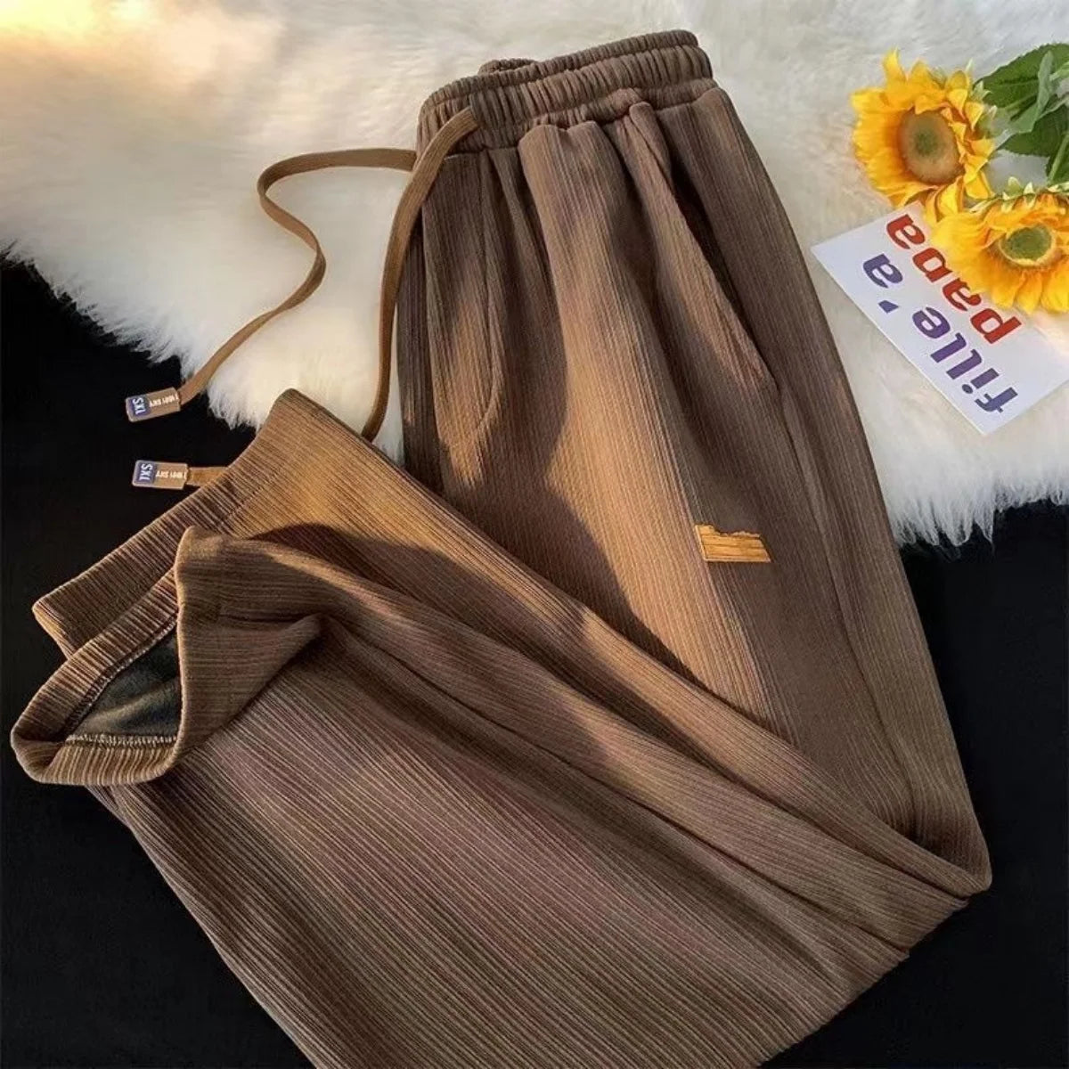 Women's Straight Pants Pleated Elastic Waist Drawstring Pocket Retro High Waisted sports Clothes Ladies' Loose Commuting Trouser