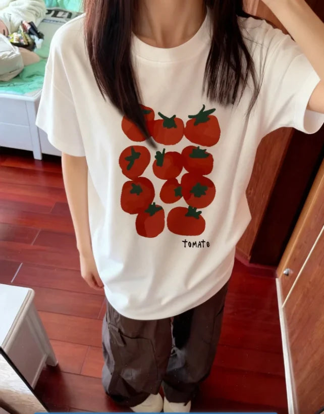 Cute Tomato Print Short Sleeve T-shirt Versatile Minimalist Crew Neck Tee Casual Korean Style Food Graphic Top for Women Girl