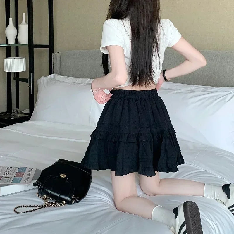 French casual style women's black mini skirt, high waist ruffle skirt, fashionable white women's skirtkv