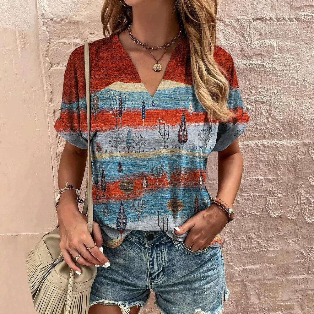 3D Vintage Graphic Women's V-Neck T-Shirt Summer Outdoor Street Daily Harajuku Style Y2K Short Sleeve Tees Fashion Loose Clothes