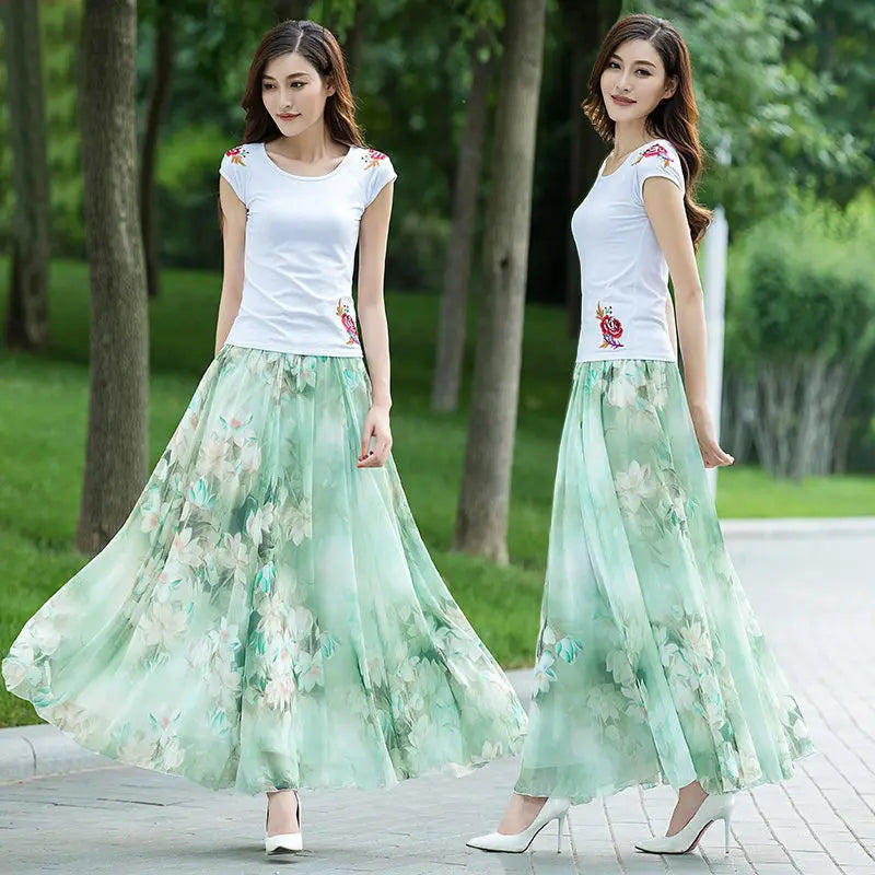 High Waist Skirts Womens Summer 2026 spring Elastic Waist Midi Full Long Skirt Print Mother Dance Skirts Swing Chiffon Skirt
