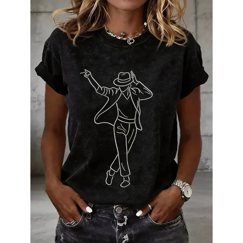 ilstile Women's King of Music Print T-Shirts Summer Short Sleeve Casual Round Neck Tops  Retro Fan Favorite Tees NEW