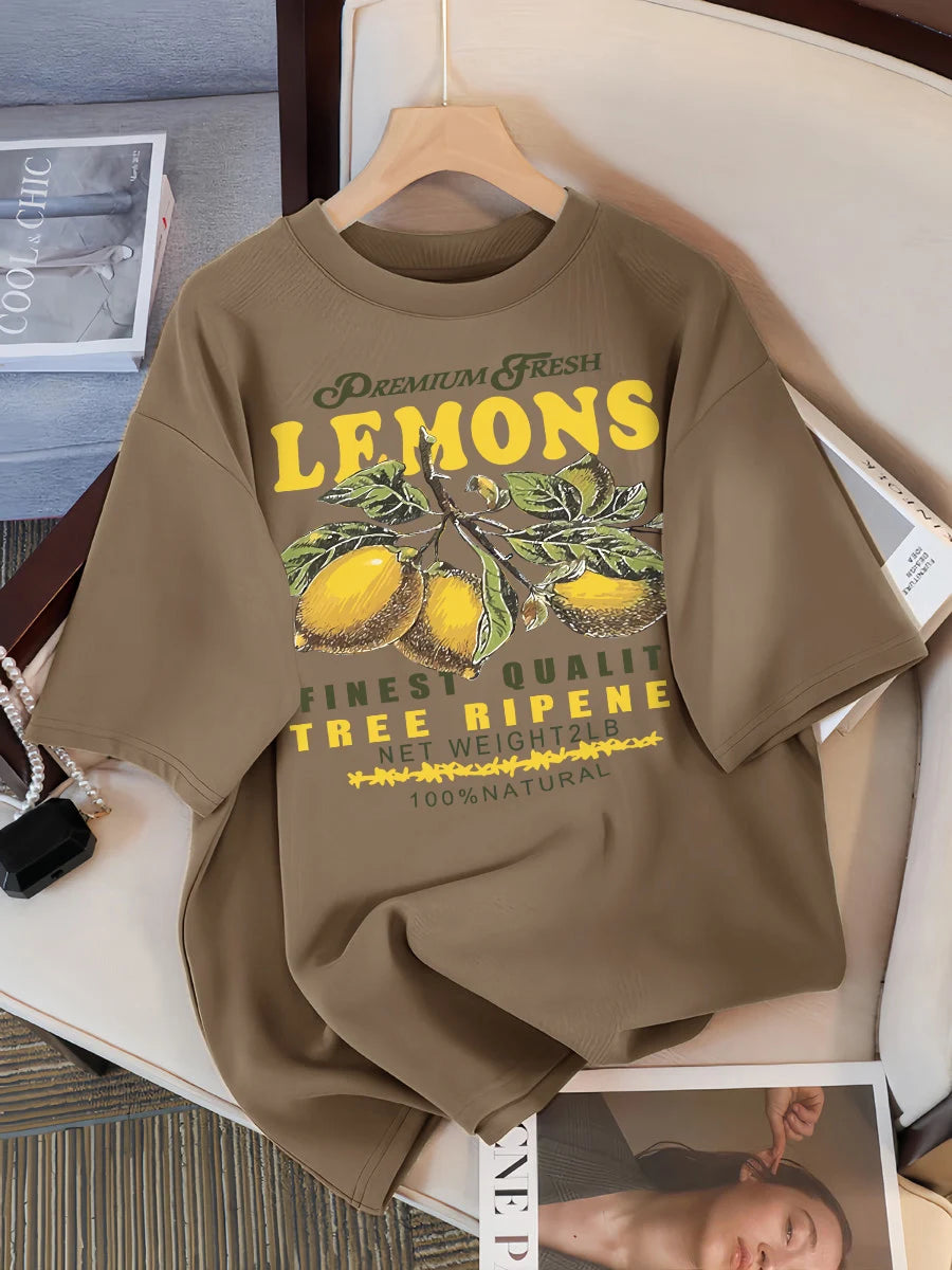 Lemons Fruits Premium Fresh Printing T Shirt Woman Loose Cotton Sportswear O-Neck Casual T Shirts Loose All-Match Short Sleeve