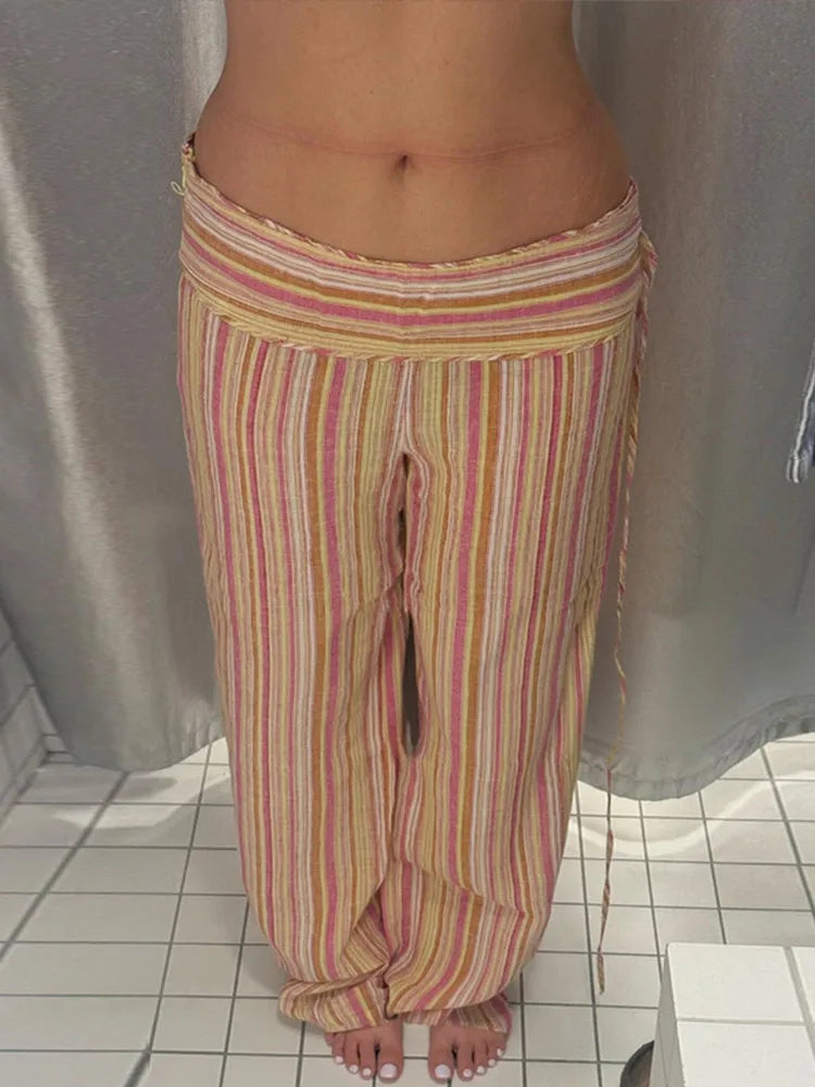 Multicolor Pastel Striped Side Tie  Low Waist Pants Flared Full Length Y2K Colorful Trousers 2026 Spring Casual Fashion Outfit